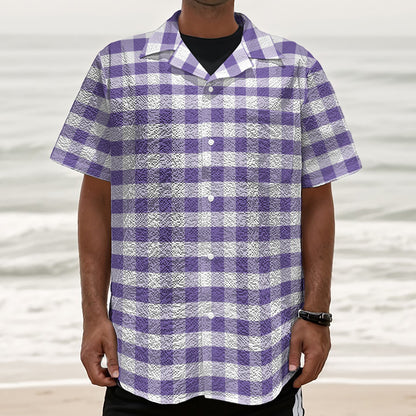 Purple And White Gingham Pattern Print Textured Short Sleeve Shirt