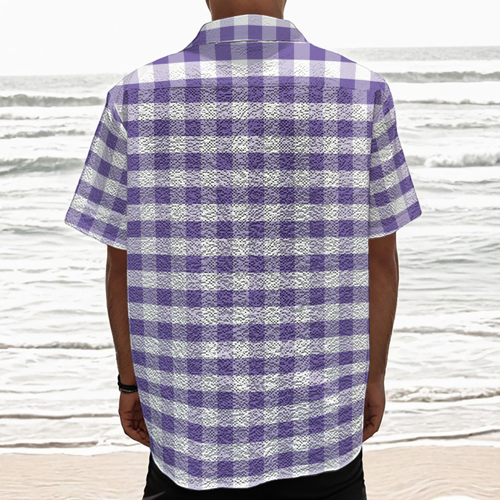 Purple And White Gingham Pattern Print Textured Short Sleeve Shirt