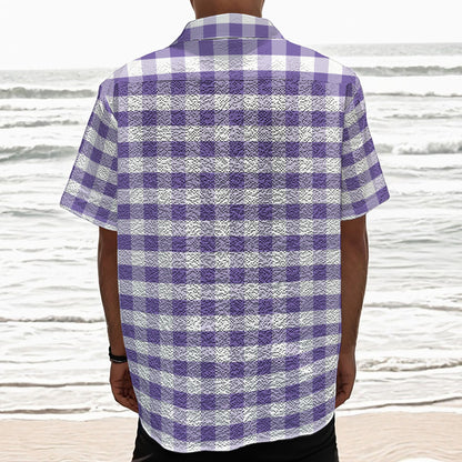 Purple And White Gingham Pattern Print Textured Short Sleeve Shirt