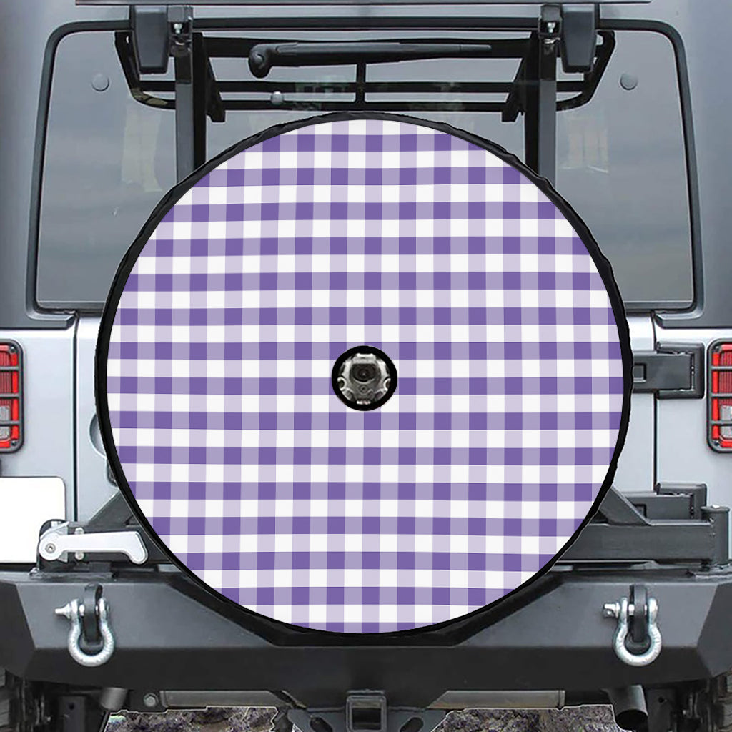 Purple And White Gingham Pattern Print Tire Cover With Camera Hole