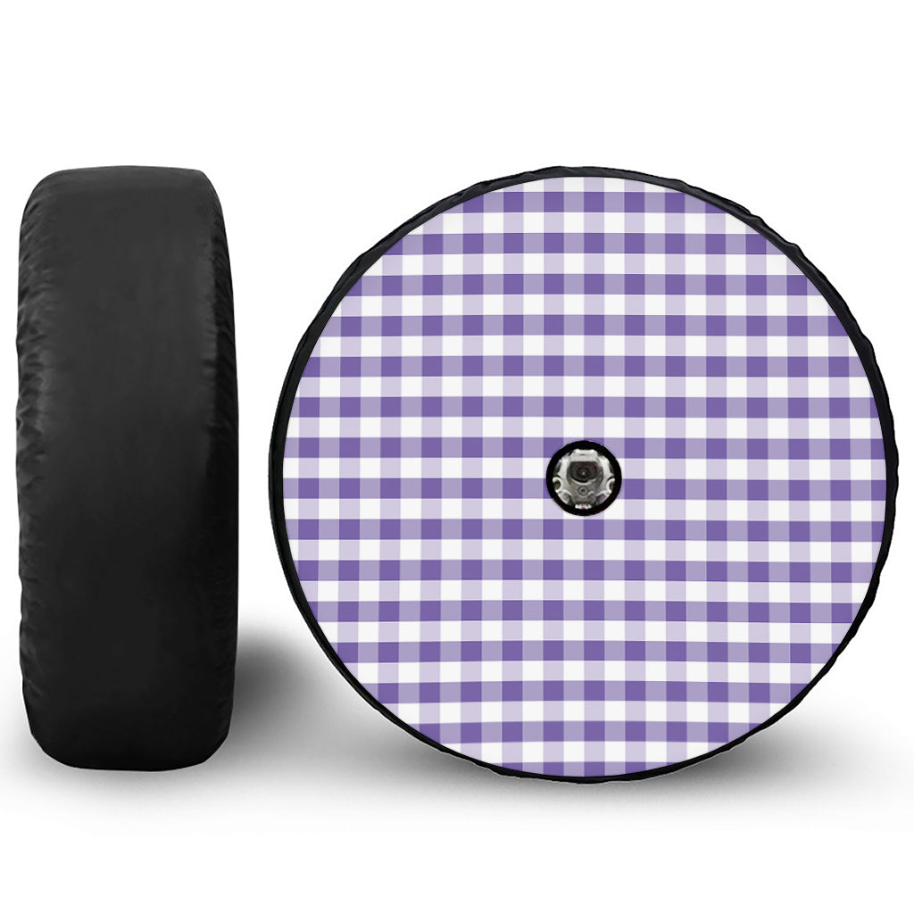 Purple And White Gingham Pattern Print Tire Cover With Camera Hole