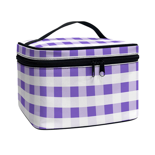 Purple And White Gingham Pattern Print Travel Makeup Bag