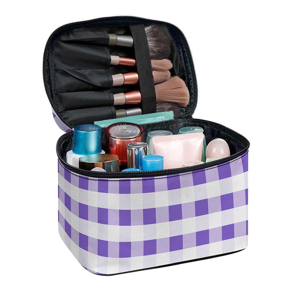 Purple And White Gingham Pattern Print Travel Makeup Bag