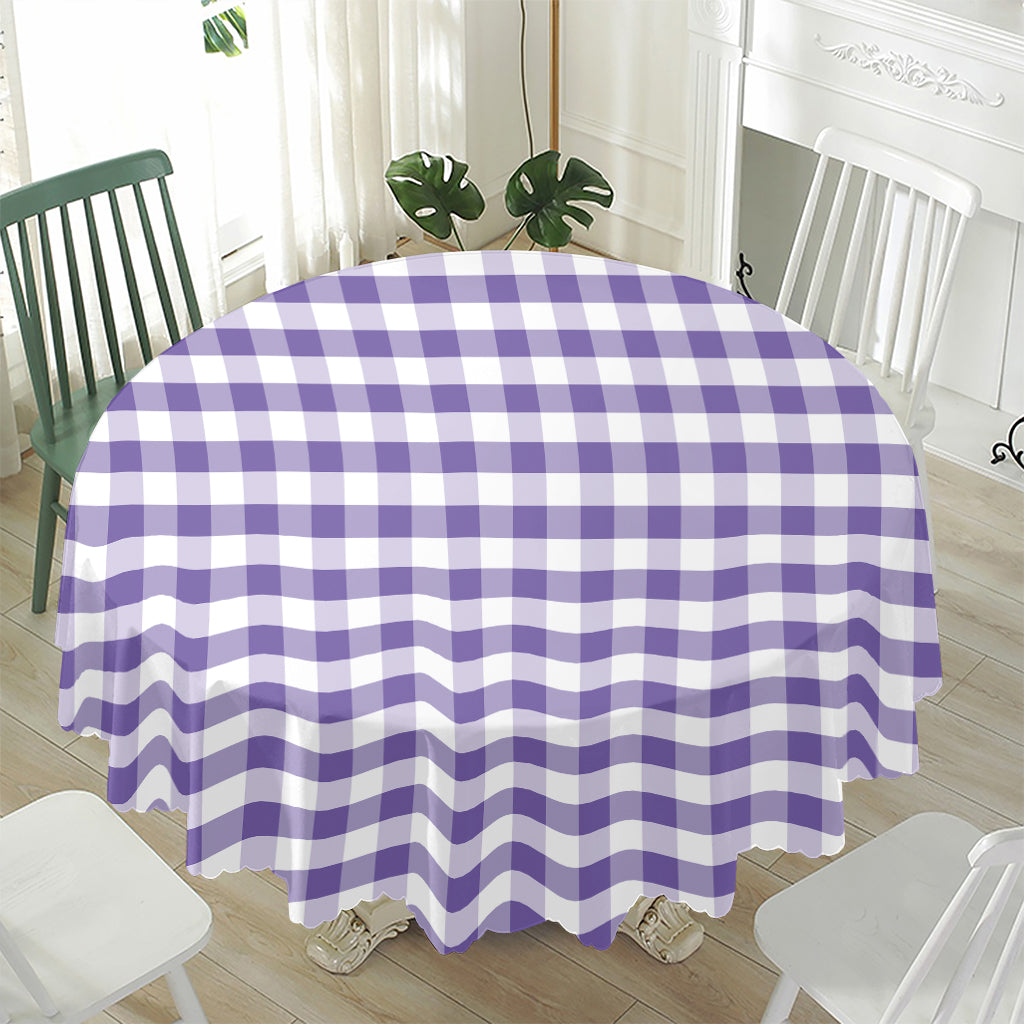 Purple And White Gingham Pattern Print Waterproof Round Tablecloth