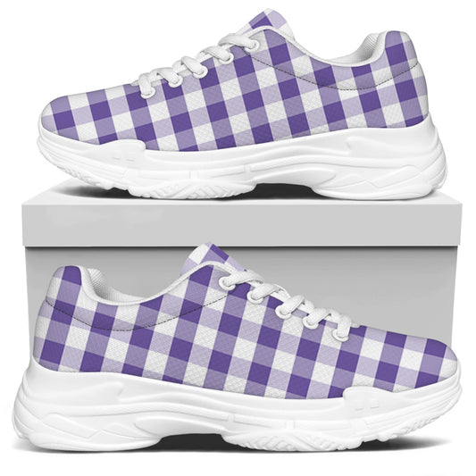 Purple And White Gingham Pattern Print White Chunky Shoes