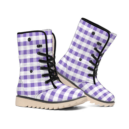 Purple And White Gingham Pattern Print Winter Boots