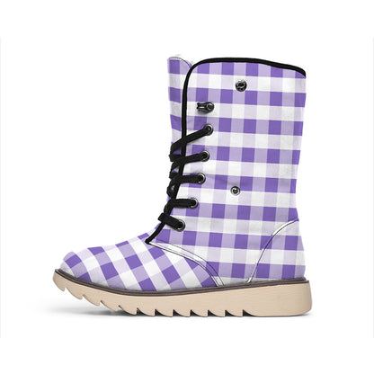Purple And White Gingham Pattern Print Winter Boots