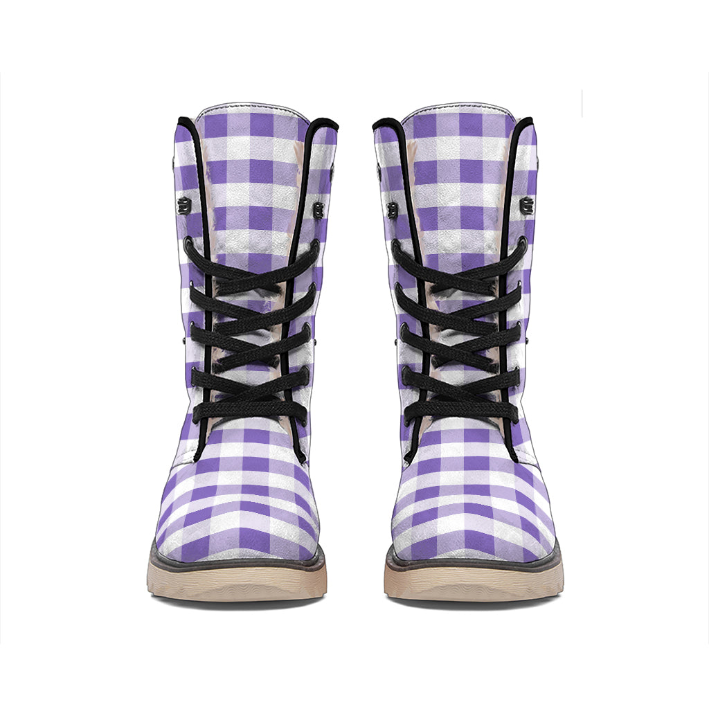 Purple And White Gingham Pattern Print Winter Boots