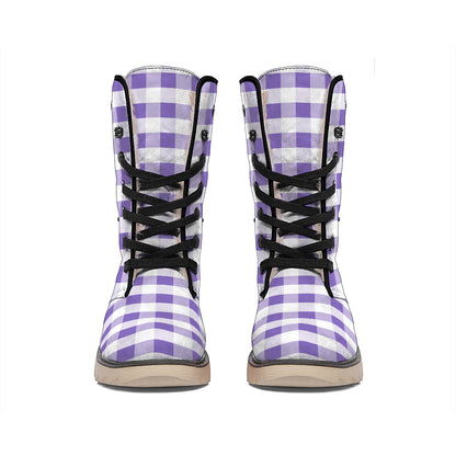 Purple And White Gingham Pattern Print Winter Boots