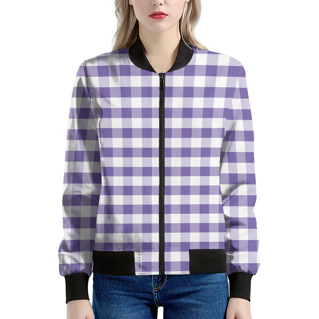 Purple And White Gingham Pattern Print Women's Bomber Jacket