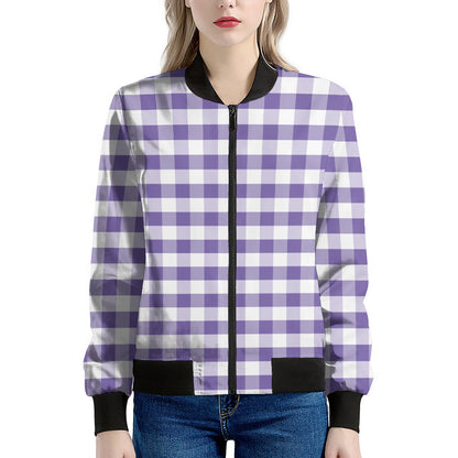 Purple And White Gingham Pattern Print Women's Bomber Jacket
