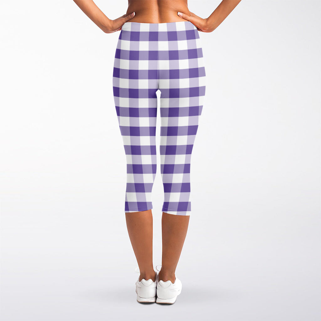 Purple And White Gingham Pattern Print Women's Capri Leggings