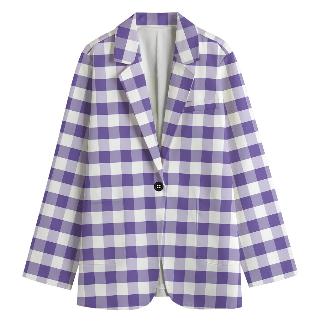 Purple And White Gingham Pattern Print Women's Cotton Blazer