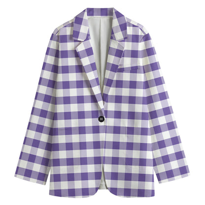 Purple And White Gingham Pattern Print Women's Cotton Blazer