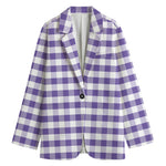 Purple And White Gingham Pattern Print Women's Cotton Blazer