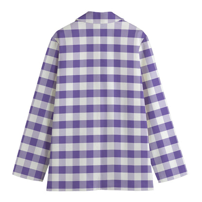 Purple And White Gingham Pattern Print Women's Cotton Blazer