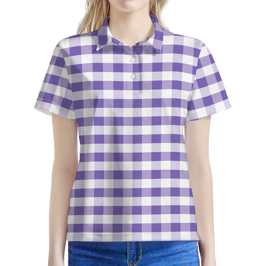 Purple And White Gingham Pattern Print Women's Polo Shirt