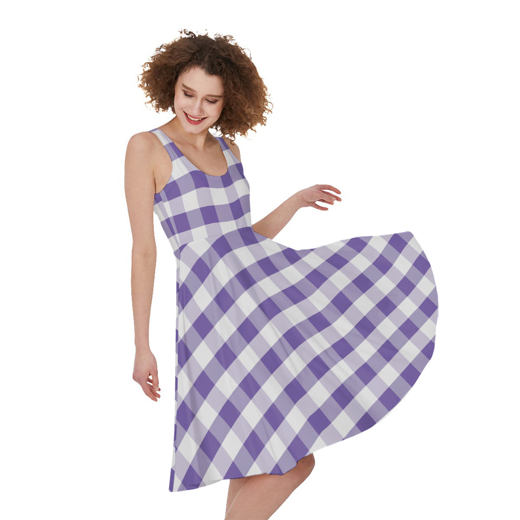 Purple And White Gingham Pattern Print Women's Sleeveless Dress