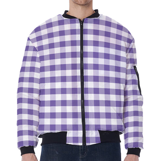 Purple And White Gingham Pattern Print Zip Sleeve Bomber Jacket