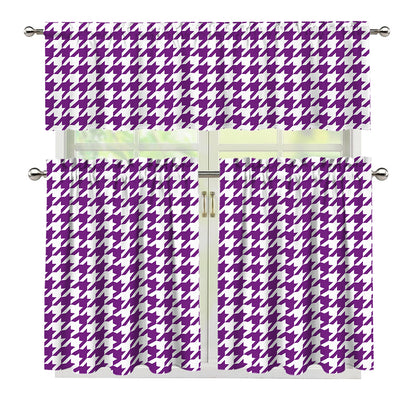 Purple And White Houndstooth Print 3 Piece Kitchen Curtains