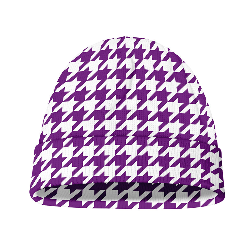 Purple And White Houndstooth Print Beanie