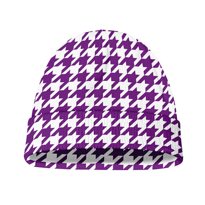 Purple And White Houndstooth Print Beanie