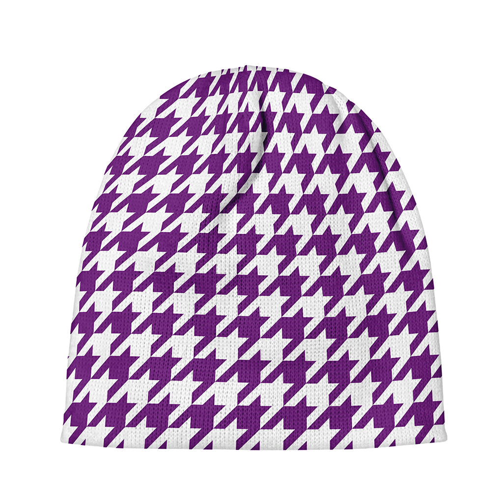 Purple And White Houndstooth Print Beanie