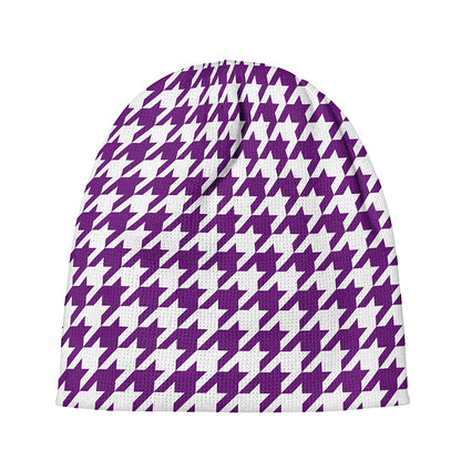 Purple And White Houndstooth Print Beanie