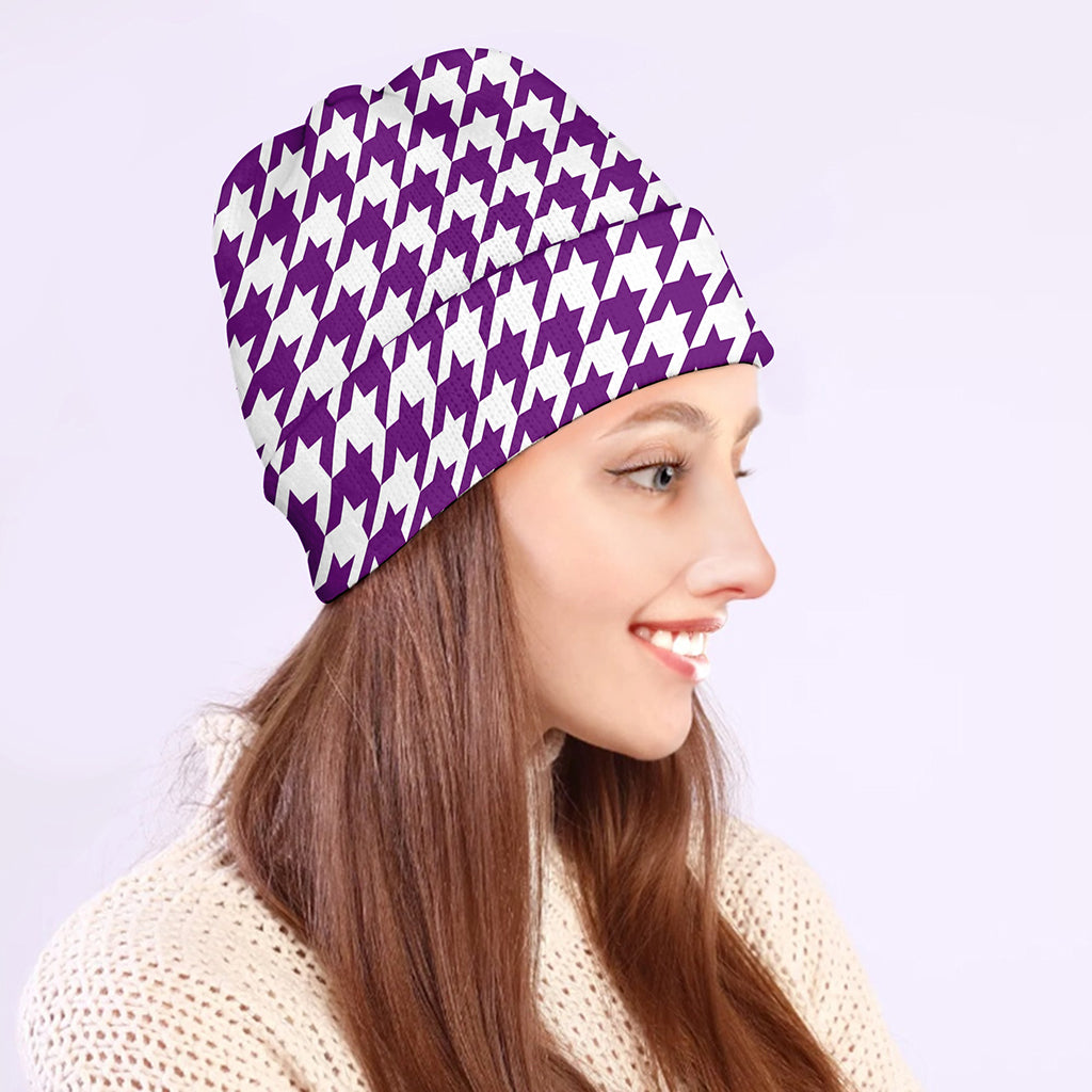 Purple And White Houndstooth Print Beanie