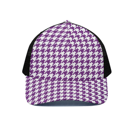 Purple And White Houndstooth Print Black Mesh Trucker Cap