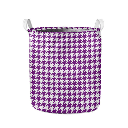 Purple And White Houndstooth Print Collapsible Laundry Basket