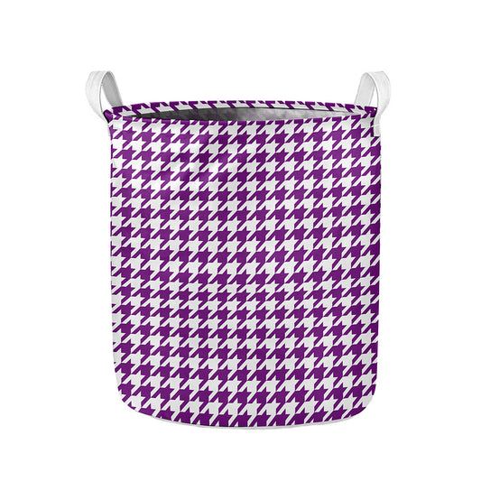 Purple And White Houndstooth Print Collapsible Laundry Basket