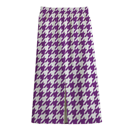 Purple And White Houndstooth Print Cotton Front Slit Maxi Skirt