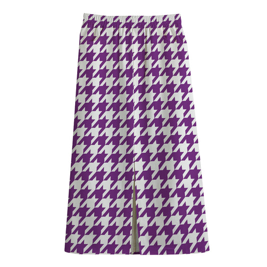 Purple And White Houndstooth Print Cotton Front Slit Maxi Skirt