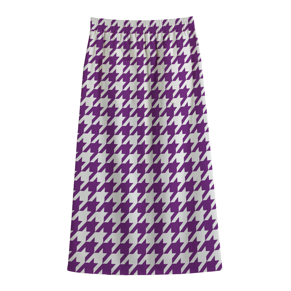 Purple And White Houndstooth Print Cotton Front Slit Maxi Skirt