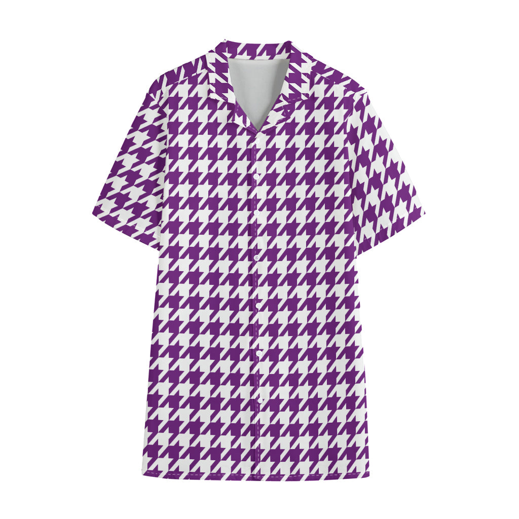 Purple And White Houndstooth Print Cotton Hawaiian Shirt