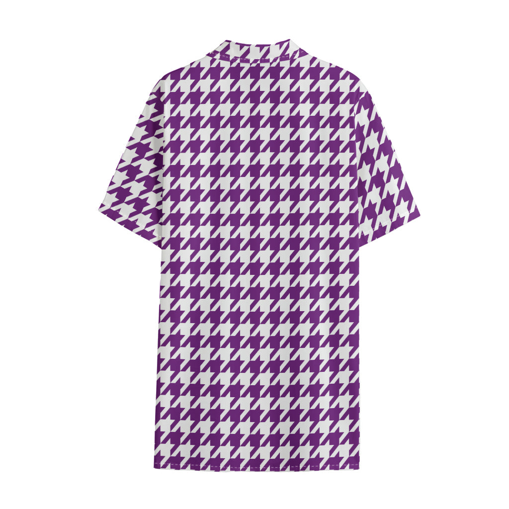 Purple And White Houndstooth Print Cotton Hawaiian Shirt