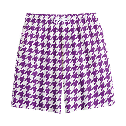 Purple And White Houndstooth Print Cotton Shorts