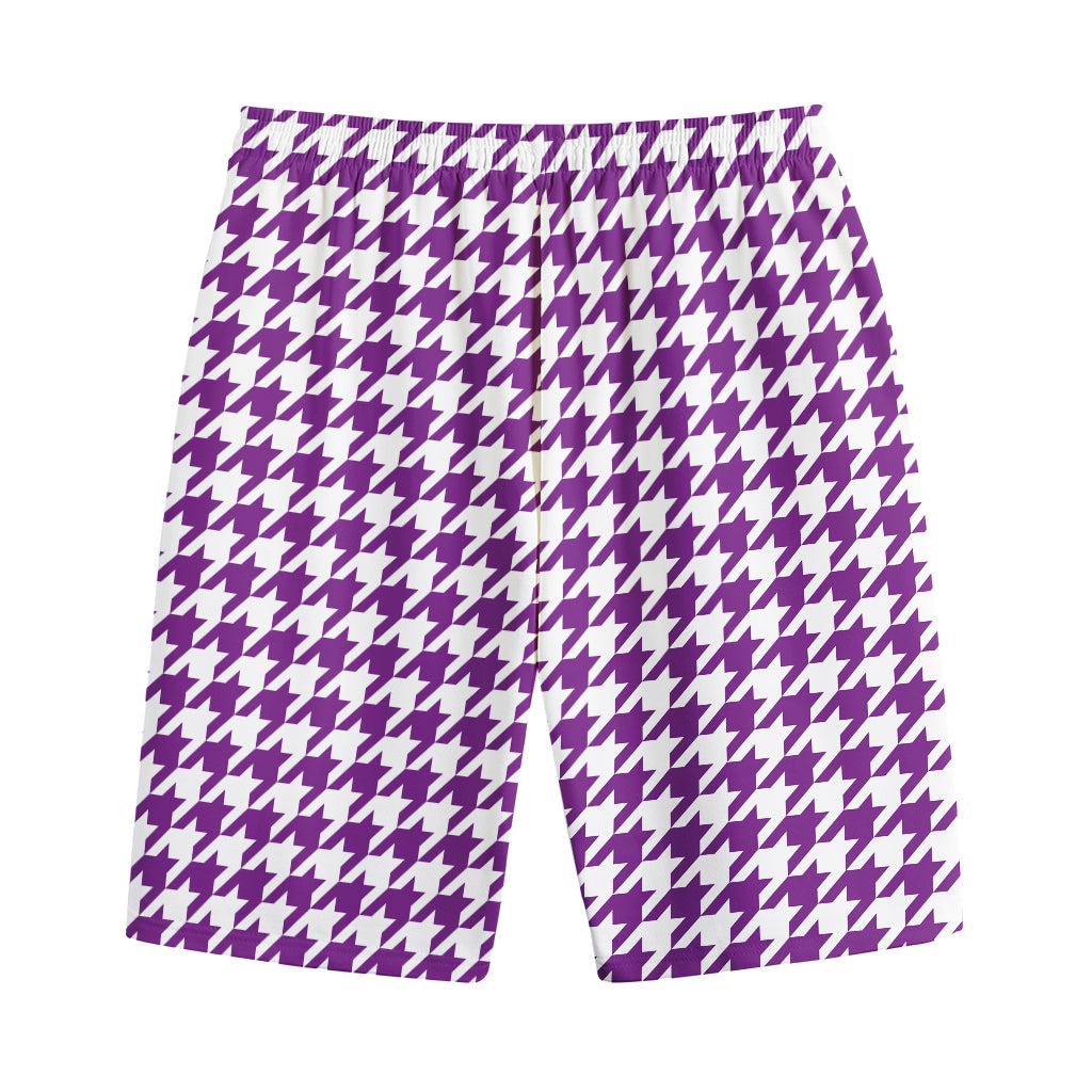 Purple And White Houndstooth Print Cotton Shorts