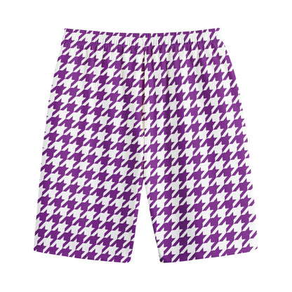 Purple And White Houndstooth Print Cotton Shorts