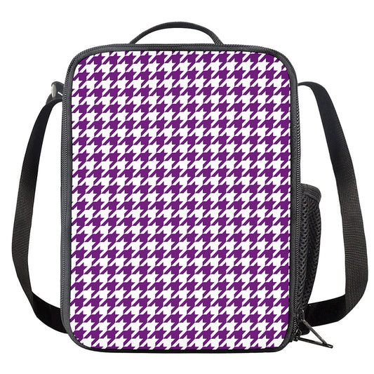 Purple And White Houndstooth Print Crossbody Lunch Bag