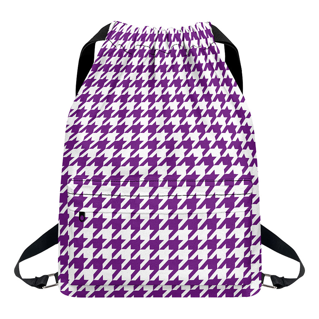 Purple And White Houndstooth Print Drawstring Backpack