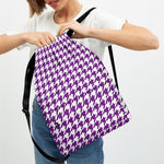 Purple And White Houndstooth Print Drawstring Backpack