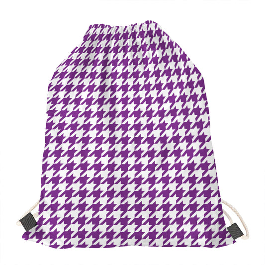 Purple And White Houndstooth Print Drawstring Bag