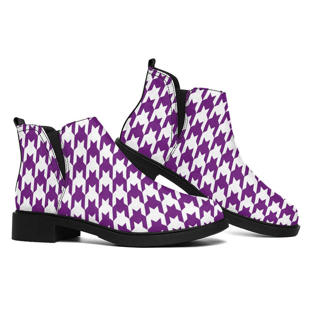 Purple And White Houndstooth Print Flat Ankle Boots