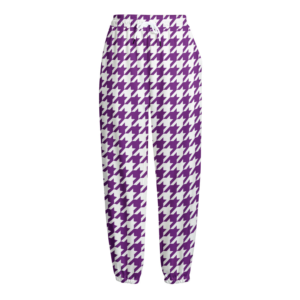 Purple And White Houndstooth Print Fleece Lined Knit Pants