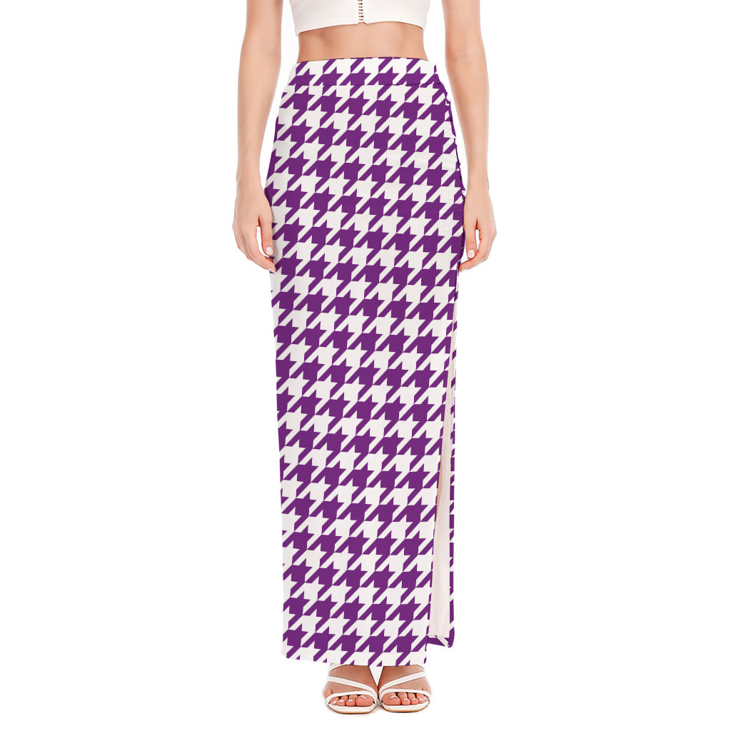 Purple And White Houndstooth Print High Slit Maxi Skirt