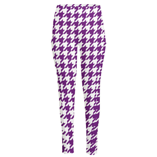 Purple And White Houndstooth Print High-Waisted Pocket Leggings
