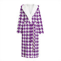 Purple And White Houndstooth Print Hooded Bathrobe
