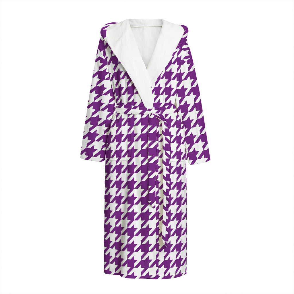 Purple And White Houndstooth Print Hooded Bathrobe